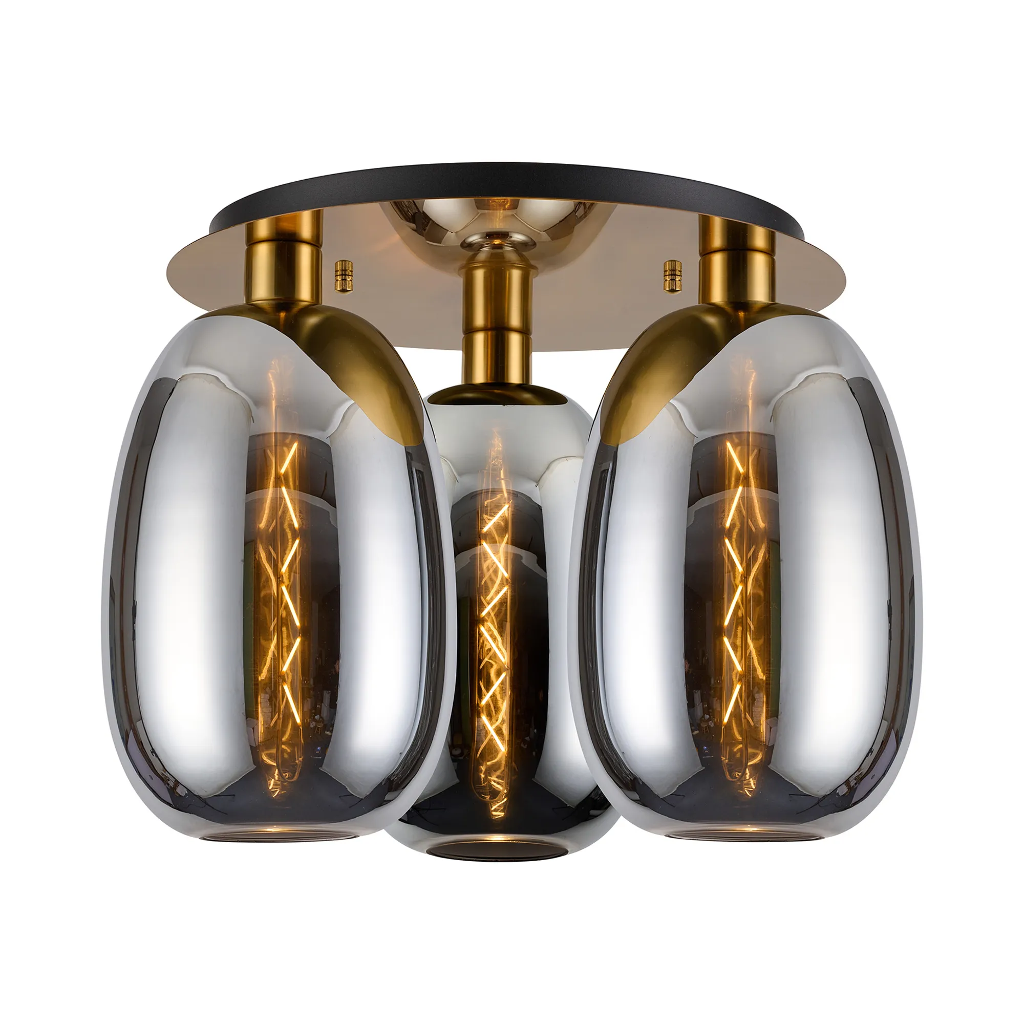 DK1245  Lori 40cm Round Ceiling Flush, 3 Light Flush Fitting, Antique Gold/Chrome Slim Curved Trapezium Shades